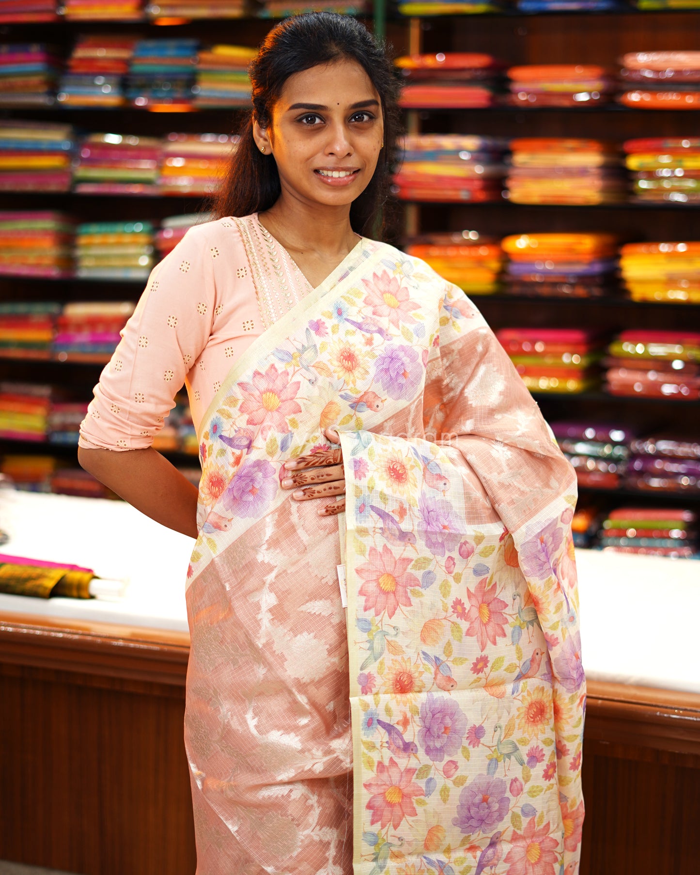 Nude Pink Floral Silk Kota - PD1900