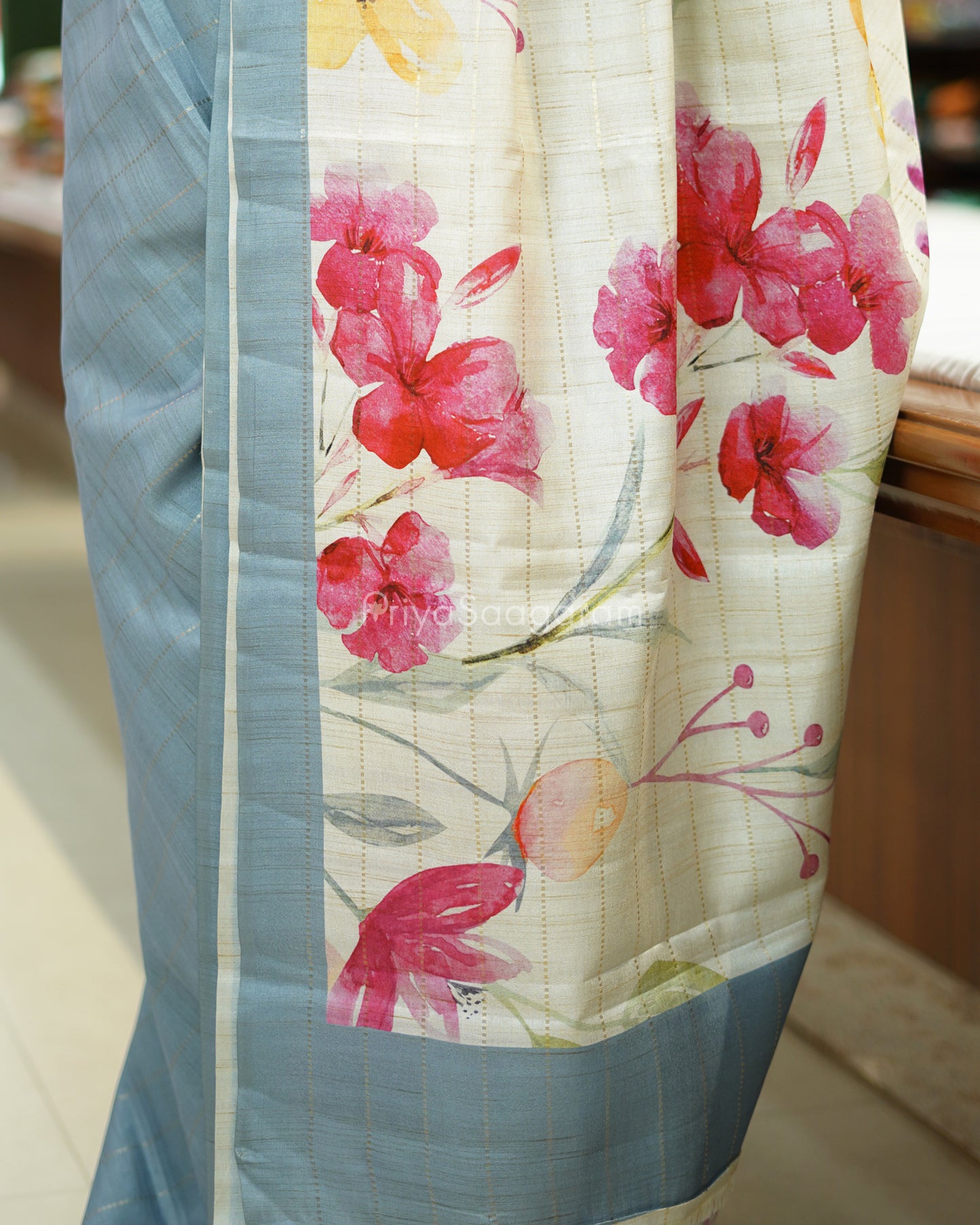 Light Blue Floral Tussar - PD809