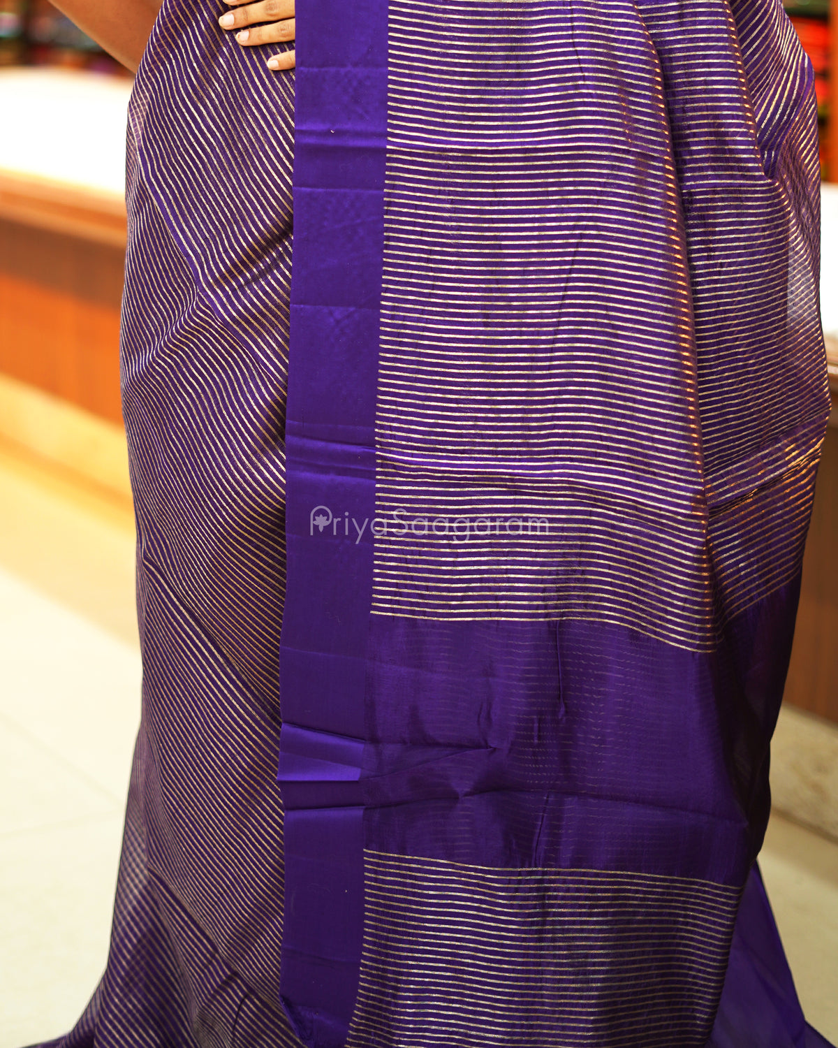 Dark Purple Satin Border Striped Tussar - PE2783