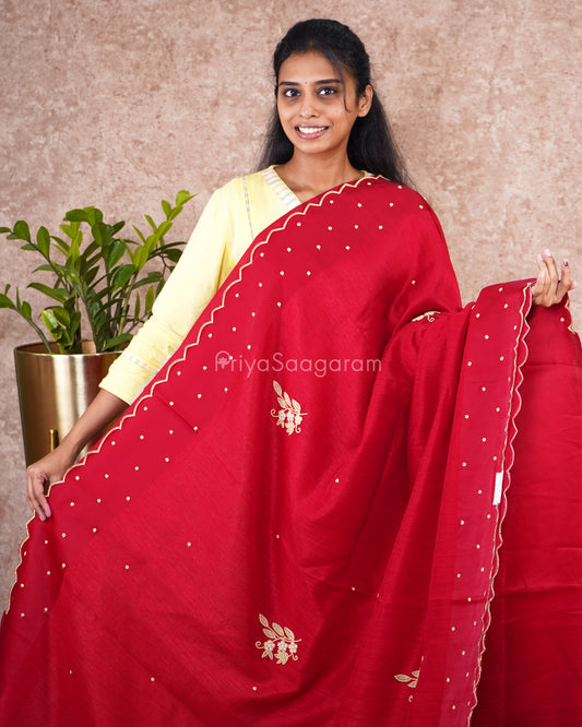 Chilli Red Stone Work Tussar - PD5018