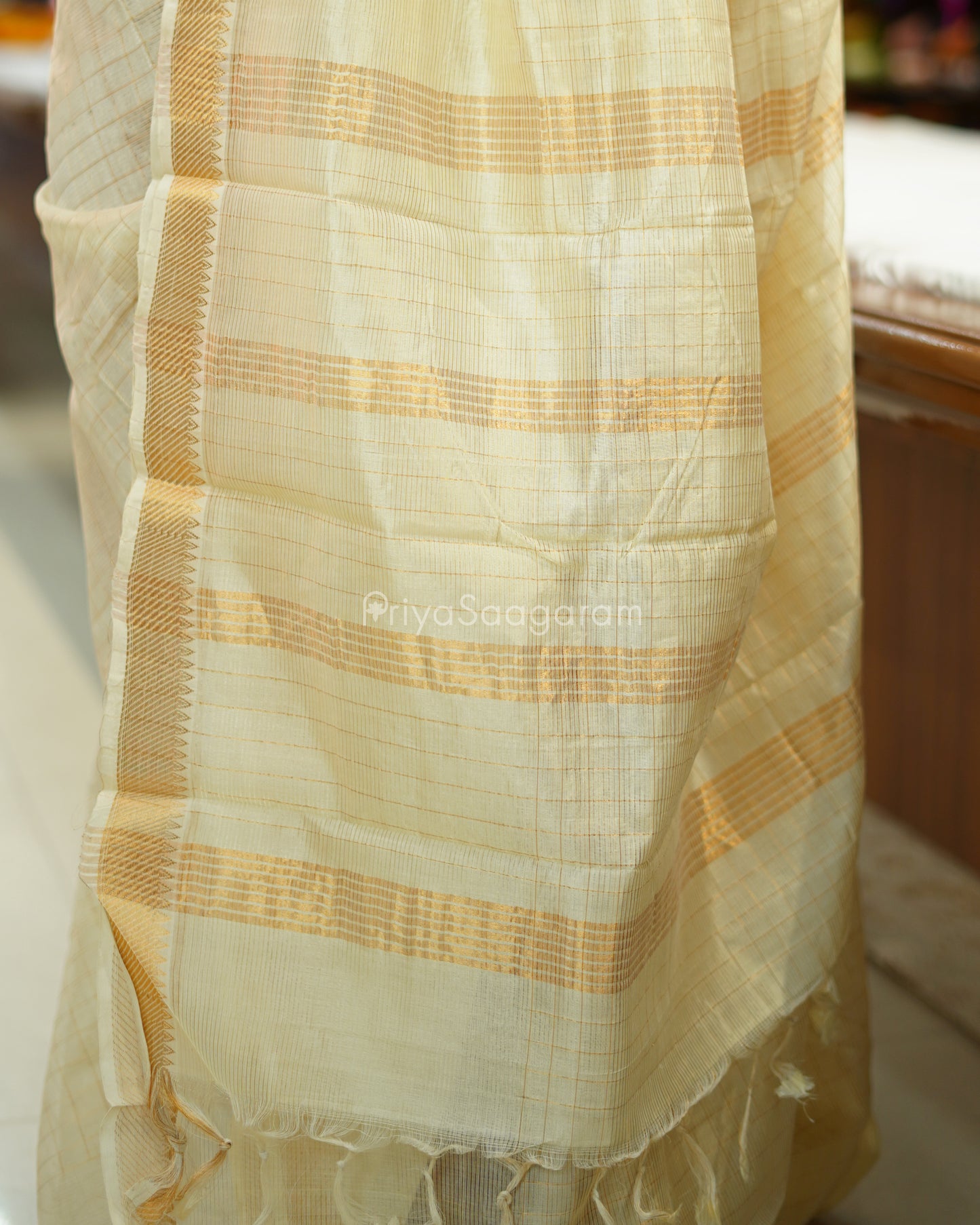 Cream Checked Mangalagiri Silk Cotton - N4324