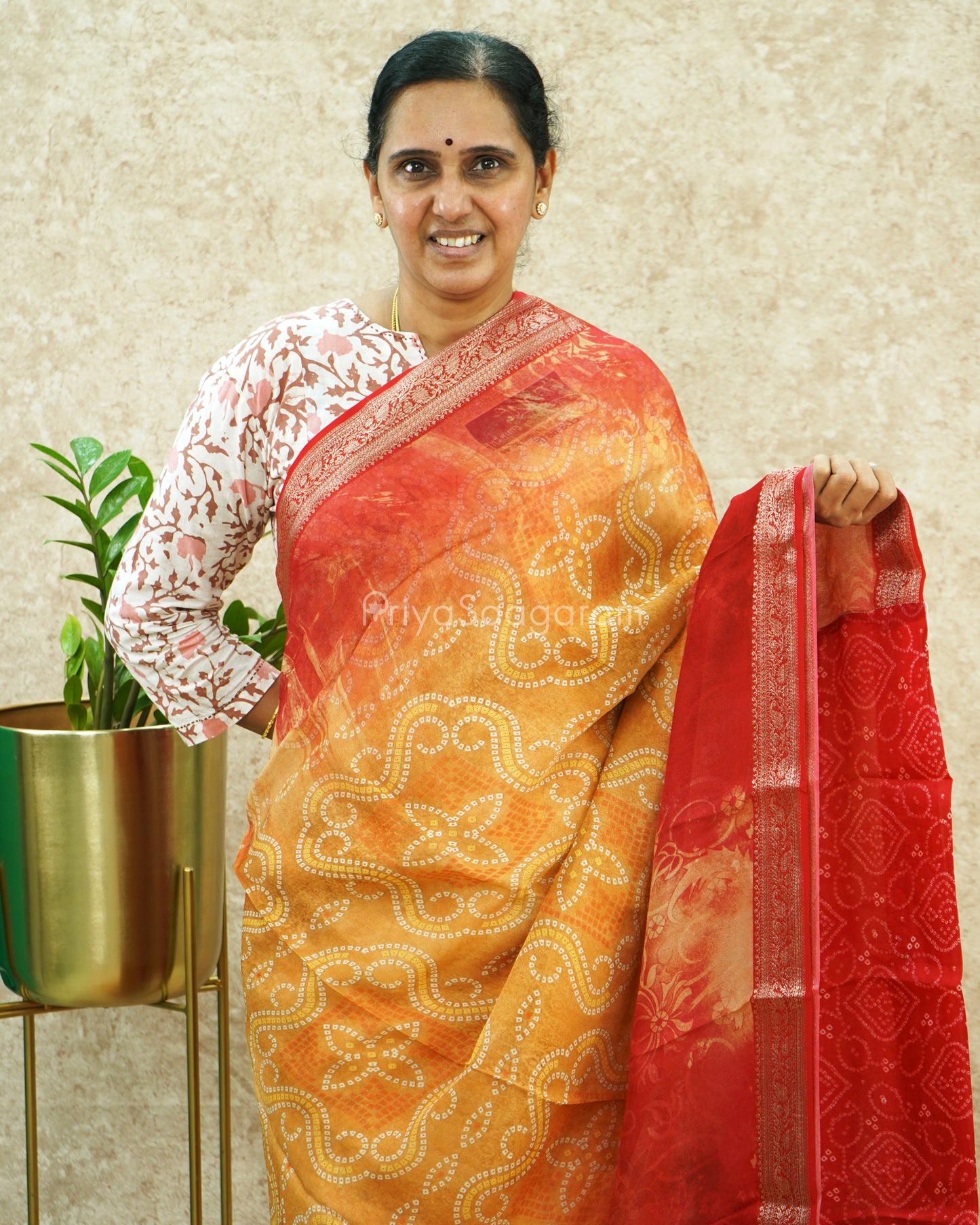 Red Orange Bandhani Crepe Georgette - PE371