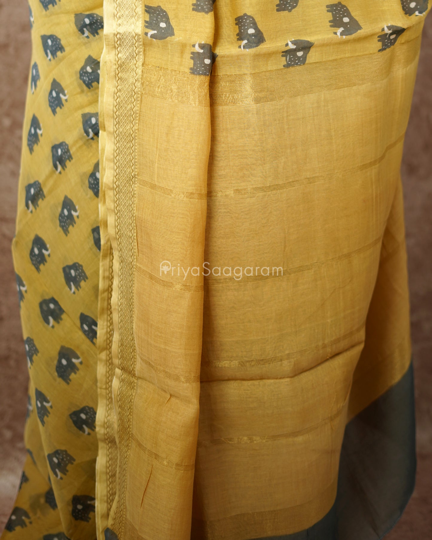Elephant Printed Yellow Chanderi - PD499