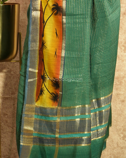 Green Checked Handpainted Tussar - PD622