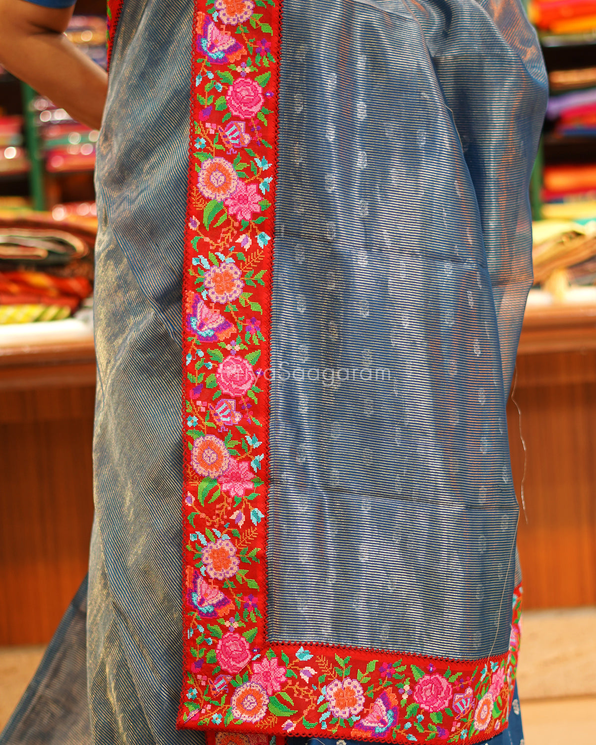 Blue Embroidery Tussar Border Kora Silk - PE6456