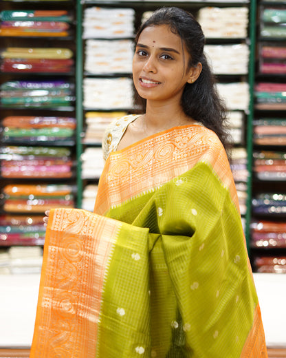 Leaf Green Orange Kanchi Banaras Silk - PD1061