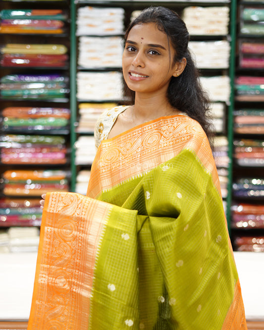 Leaf Green Orange Kanchi Banaras Silk - PD1061