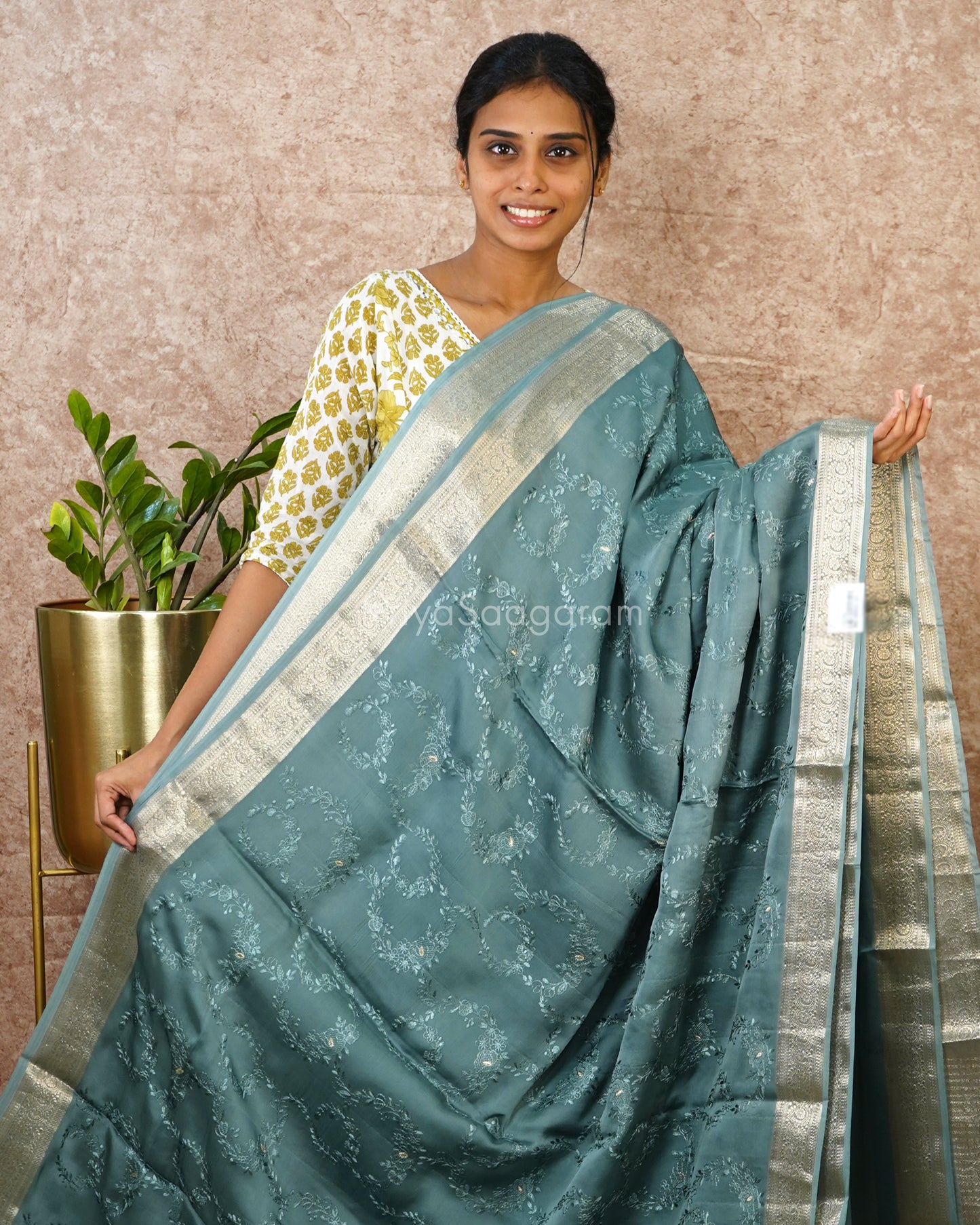 Blue Embroidery Crepe Silk - PD2728