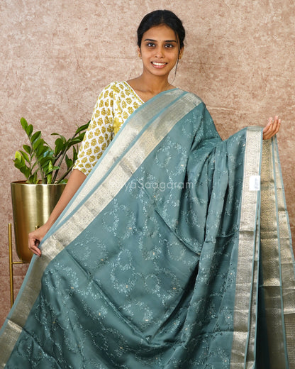 Blue Embroidery Crepe Silk - PD2728