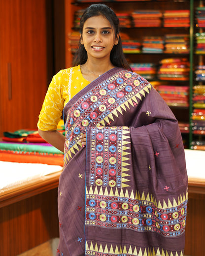 Brownish Purple Lambani Work Tussar - PE388