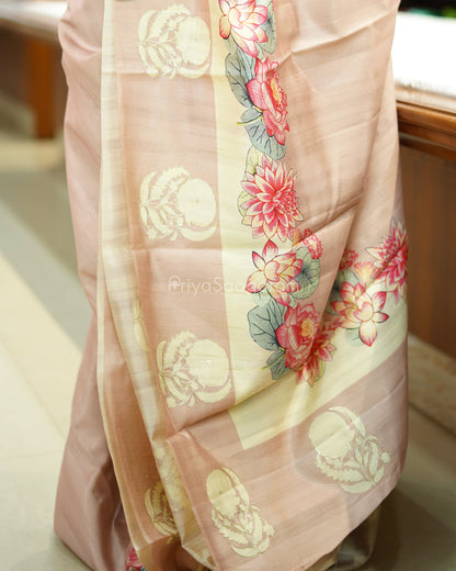 Nude Pink Floral Aari Work Tussar - PD802
