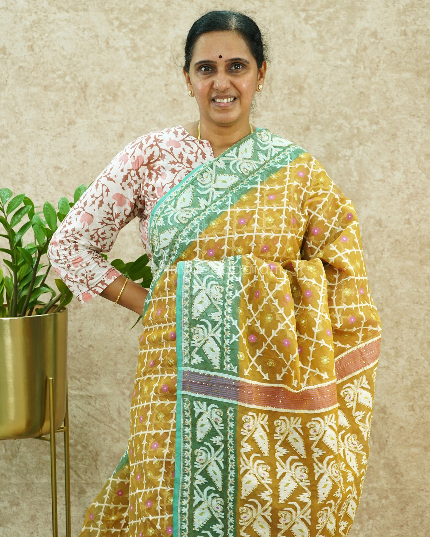 Mustard Blue Work Dhaka Cotton (No Blouse) - PE394