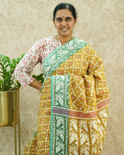 Mustard Blue Work Dhaka Cotton (No Blouse) - PE394