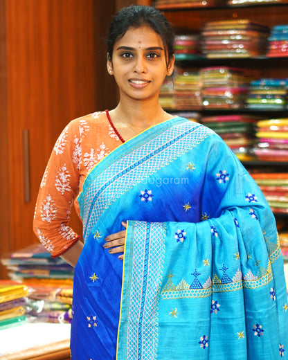 Blue Shaded Lambani Embroidery Tussar - PE400