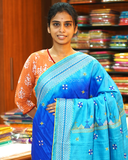 Blue Shaded Lambani Embroidery Tussar - PE400