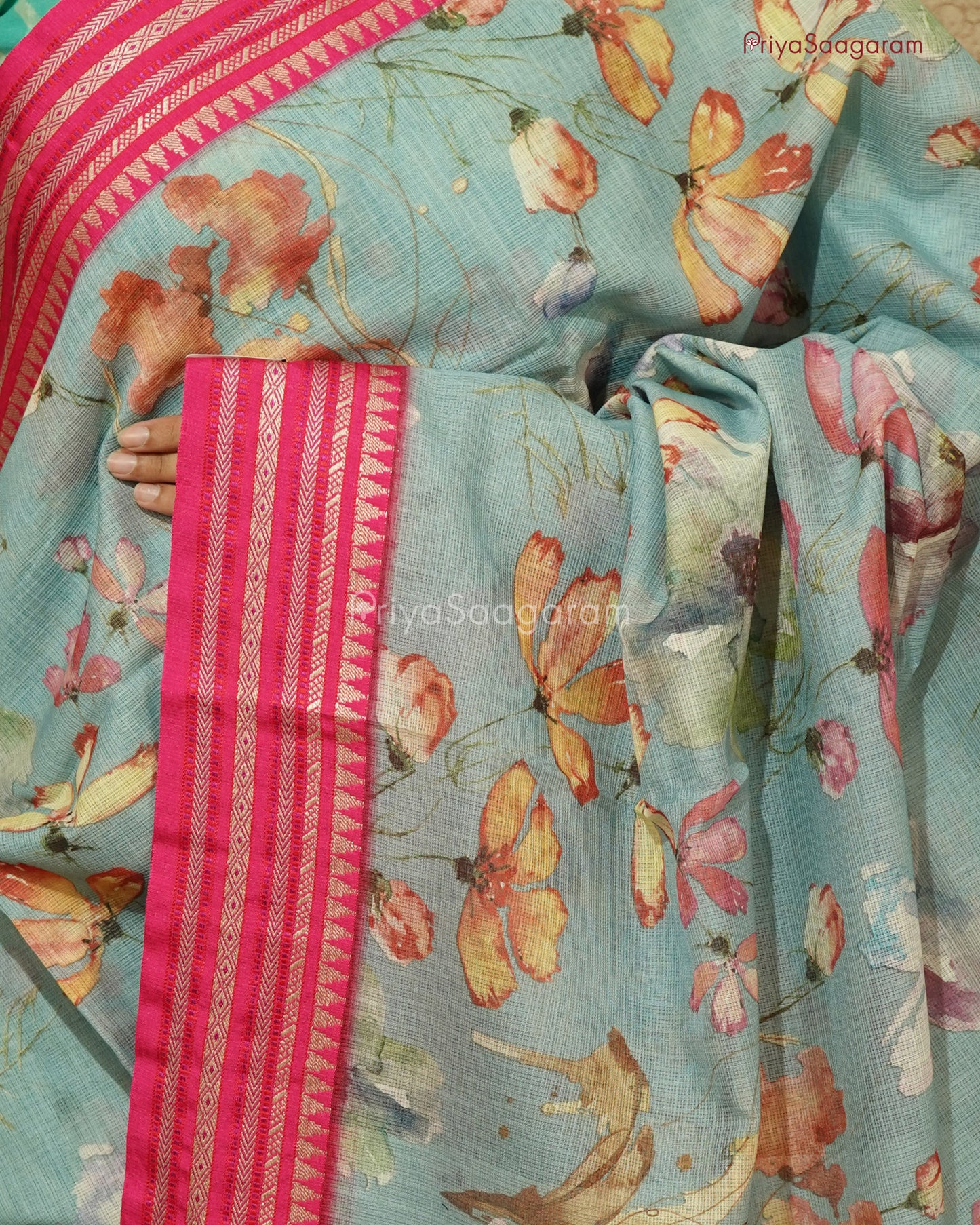 Blue and Rani Pink Kota Cotton - PD834