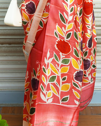 Red Handpainted Murshidabad Tussar - PD598