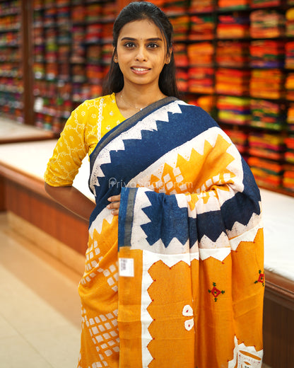 Yellow Blue Abstract Applique Chanderi - PE68