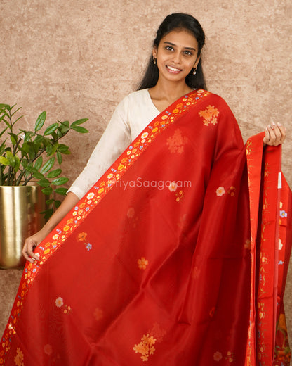 Red Floral Satin Border Kora Silk - PD4551
