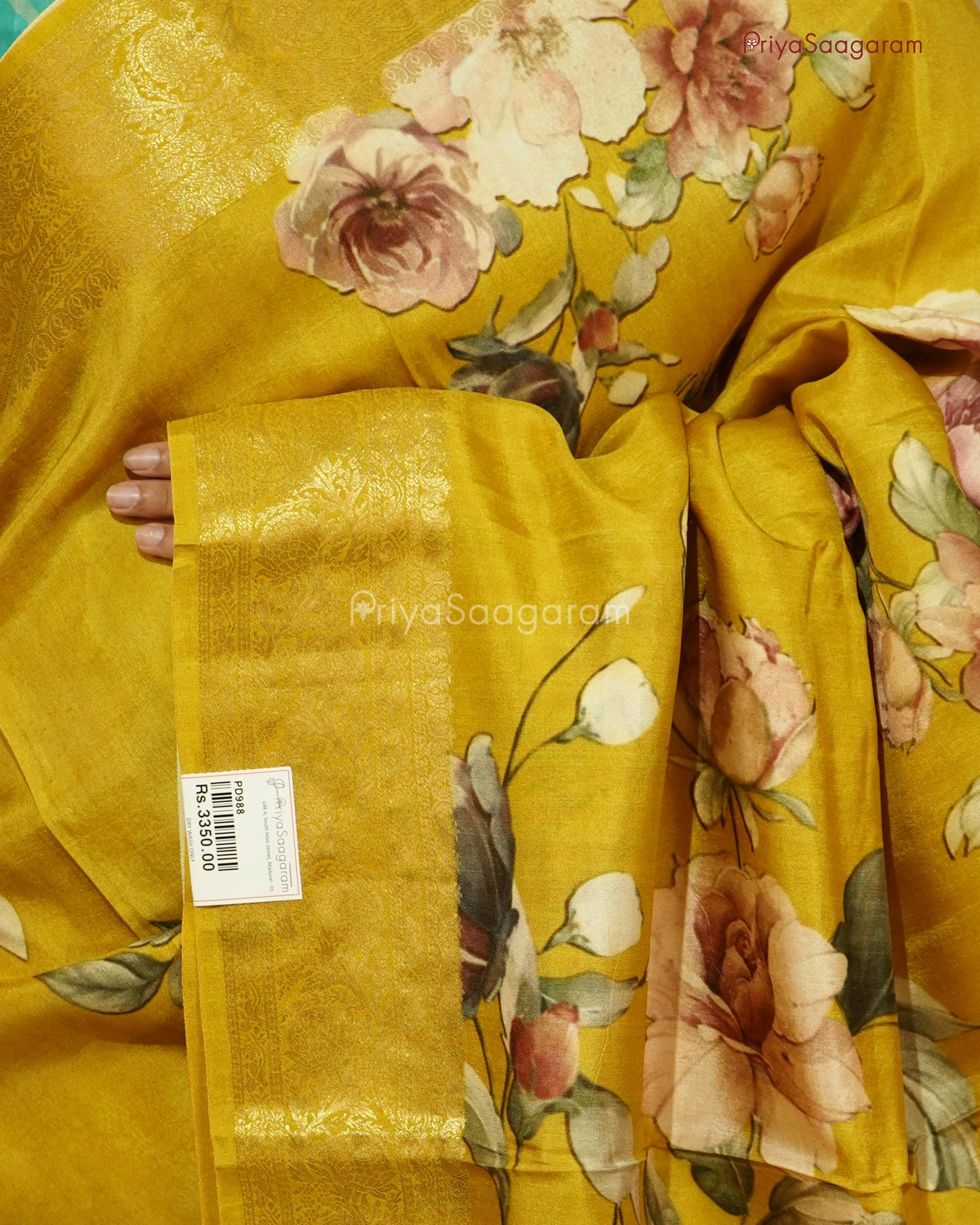 Mustard Yellow Floral Chiniya Silk - PD988