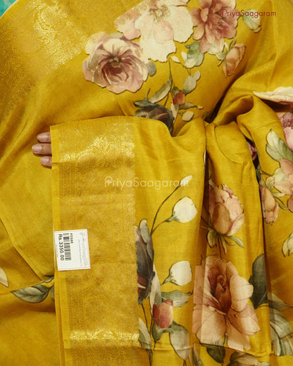 Mustard Yellow Floral Chiniya Silk - PD988