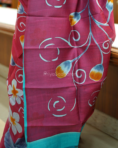 Maroon Blue Handpainted Murshidabad Tussar - PD582