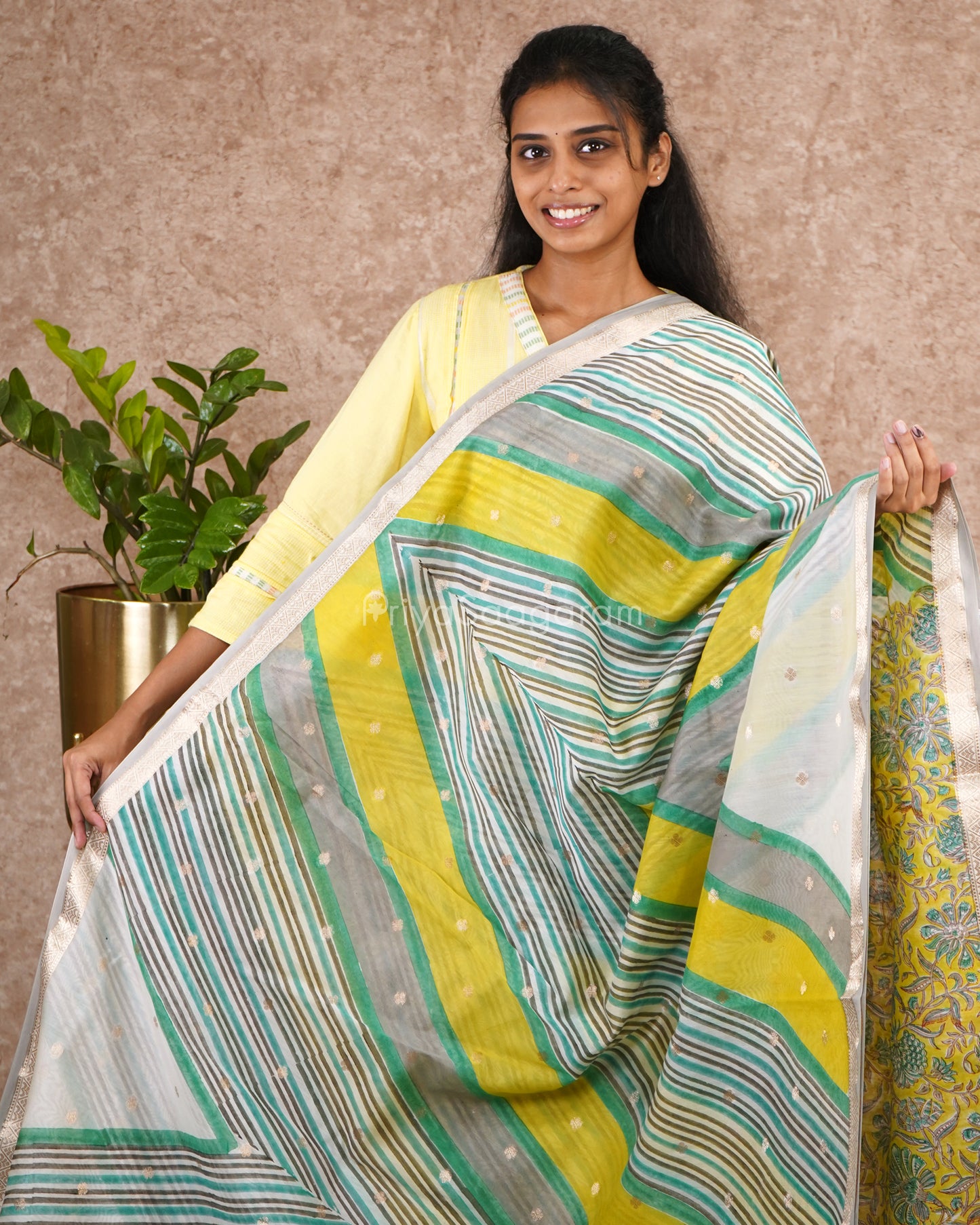 Blue Green Handpainted Chanderi Cotton - PD4907
