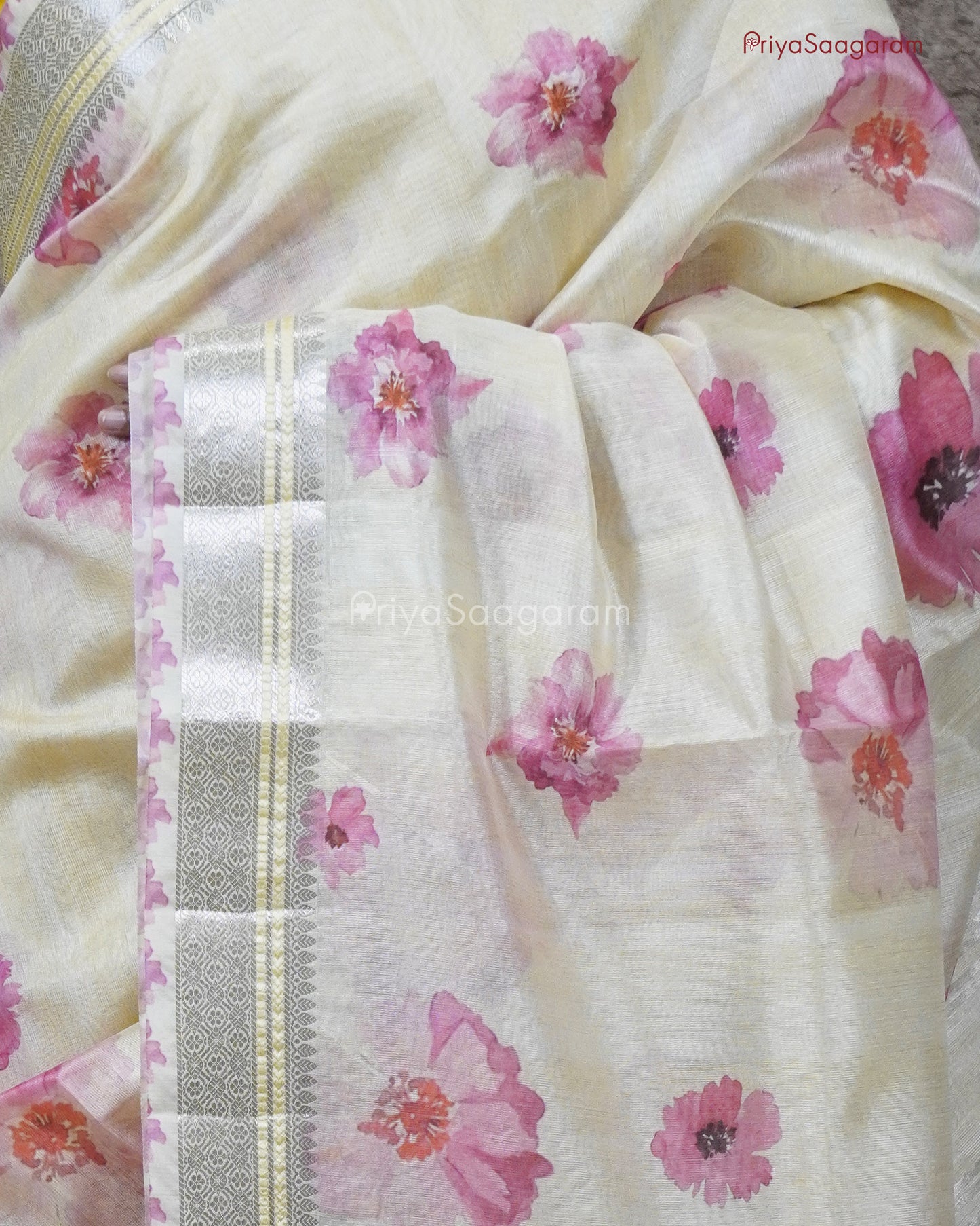 Dreamy Cream Floral Tussar - PC3293