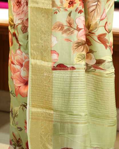 Pistachio Green Floral Chiniya Silk - PD987