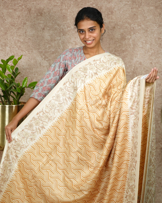 Yellow Geometric Floral Tussar - PD4448
