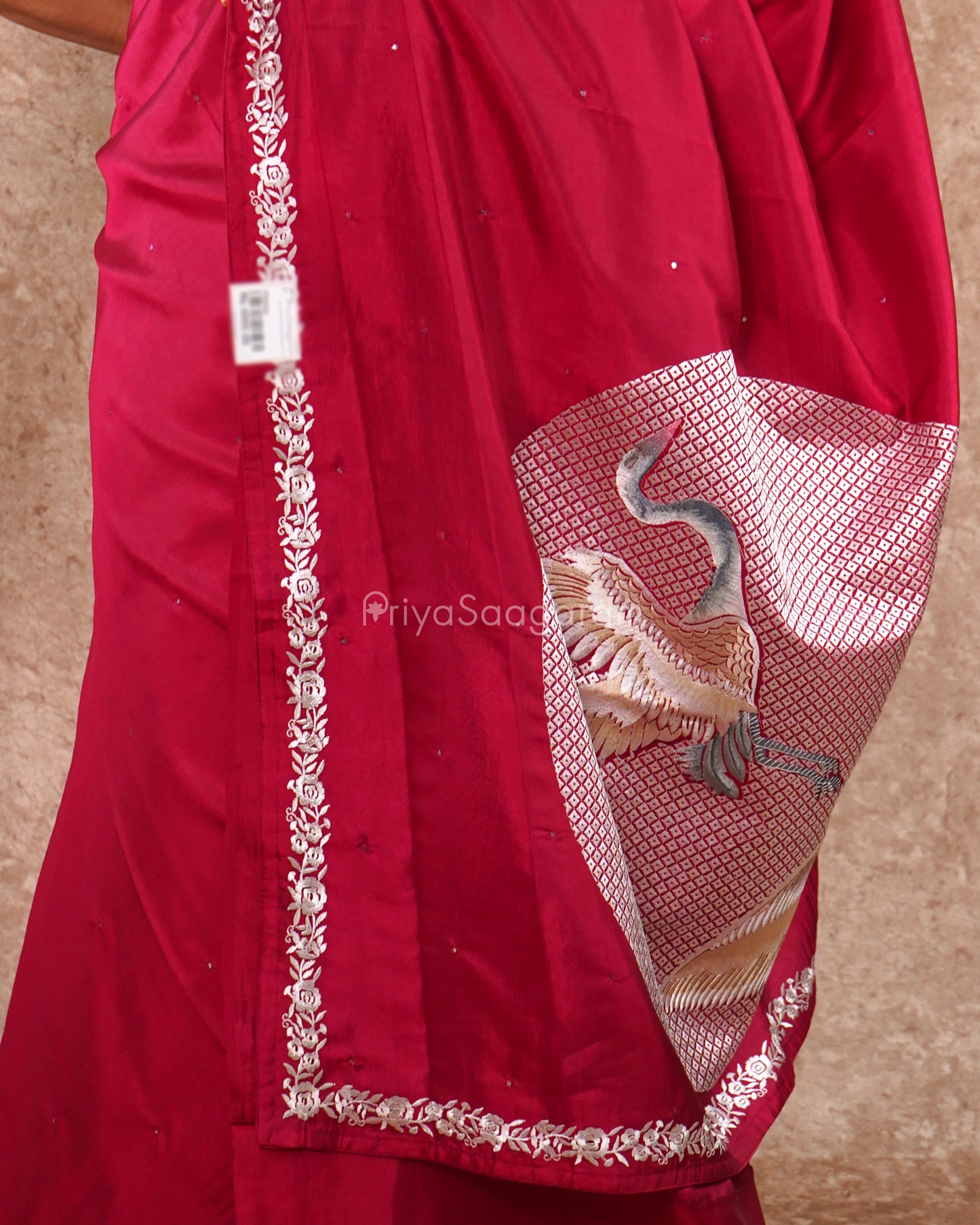 Bright Maroon Embroidery Satin Tussar - PD5494
