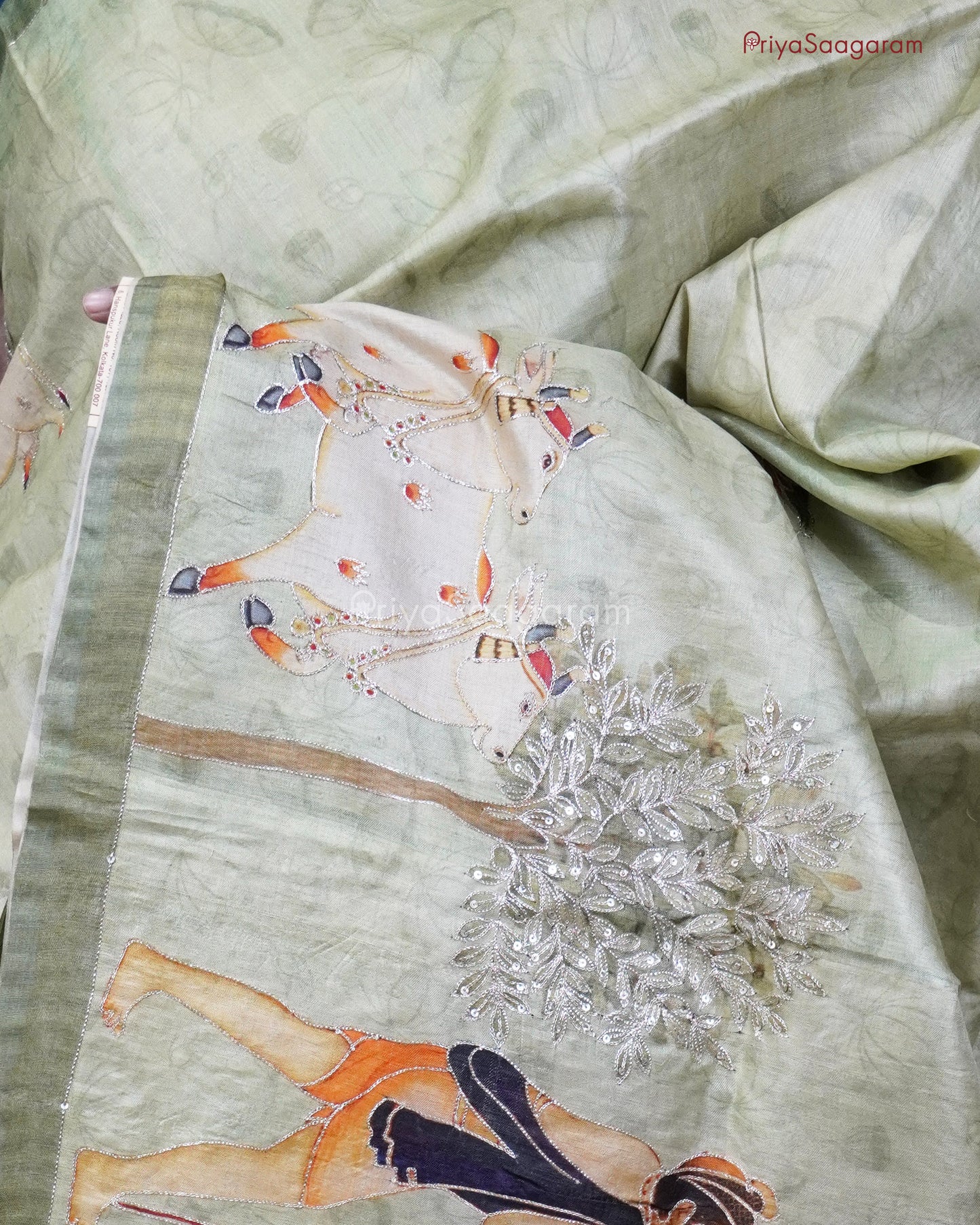Green Pichwai Aari Work Tussar - PC3399
