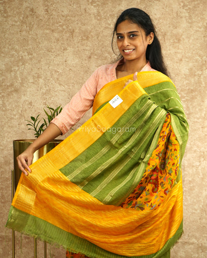 Green Yellow Floral Crepe Silk - PD1864