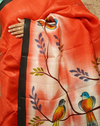 Red Bird Handpainted Murshidabad Tussar - PD587