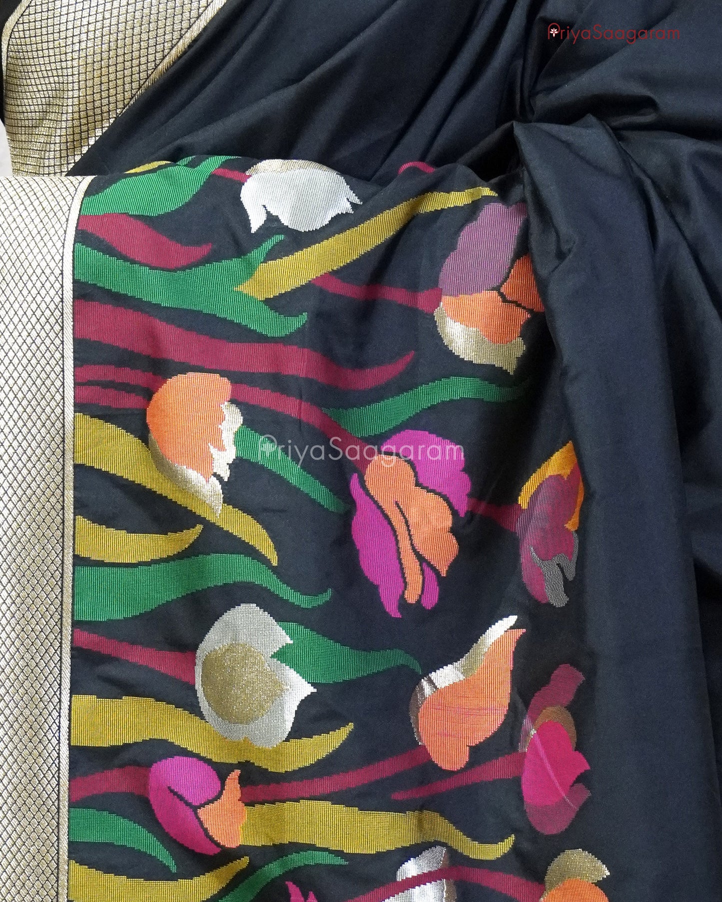Black Floral Katan Silk - PC3639