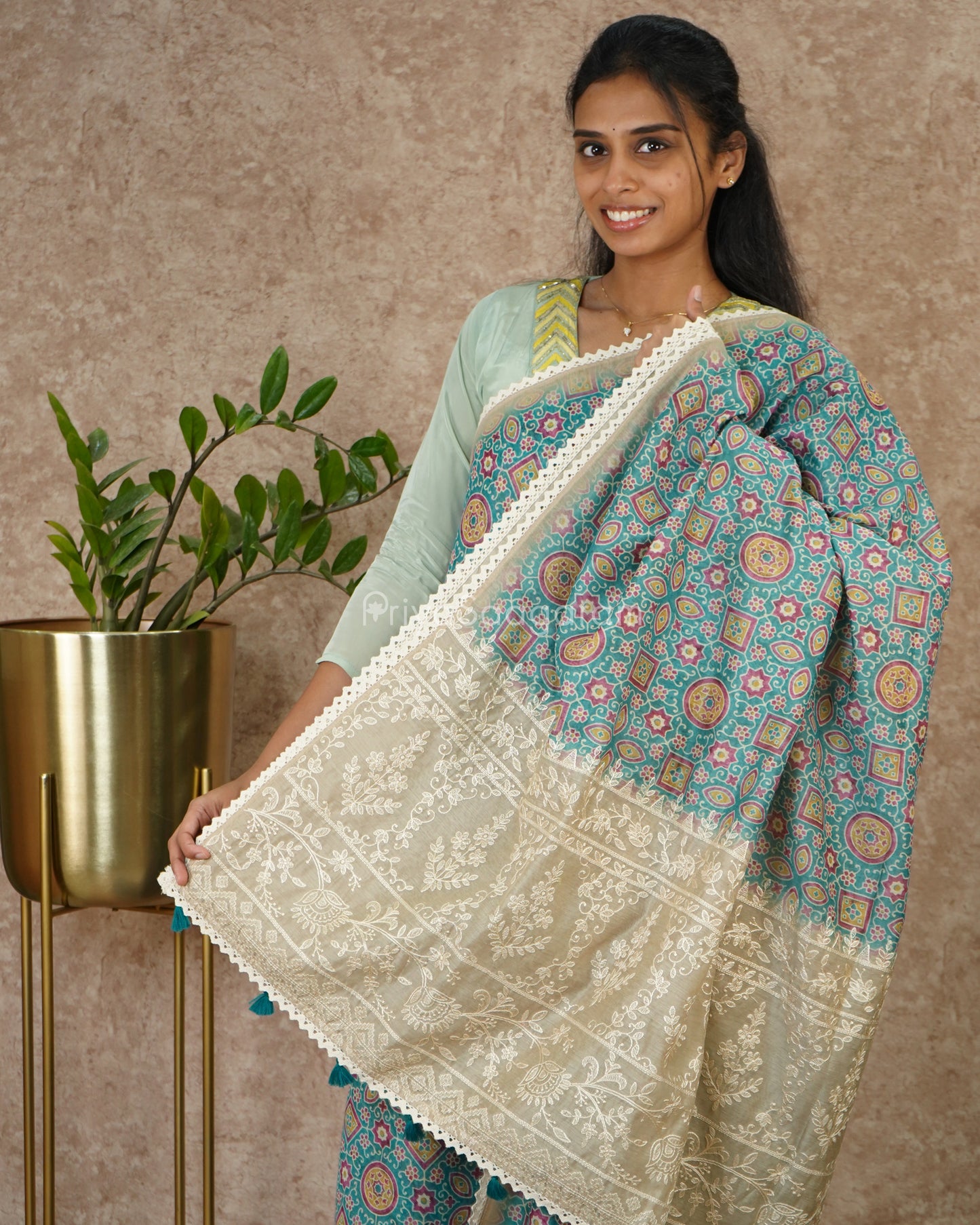 Greenish Blue Embroidery Tussar - PD1776