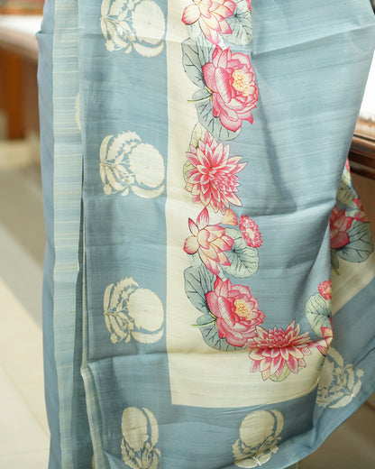 Sky Blue Floral Aari Work Tussar - PD806