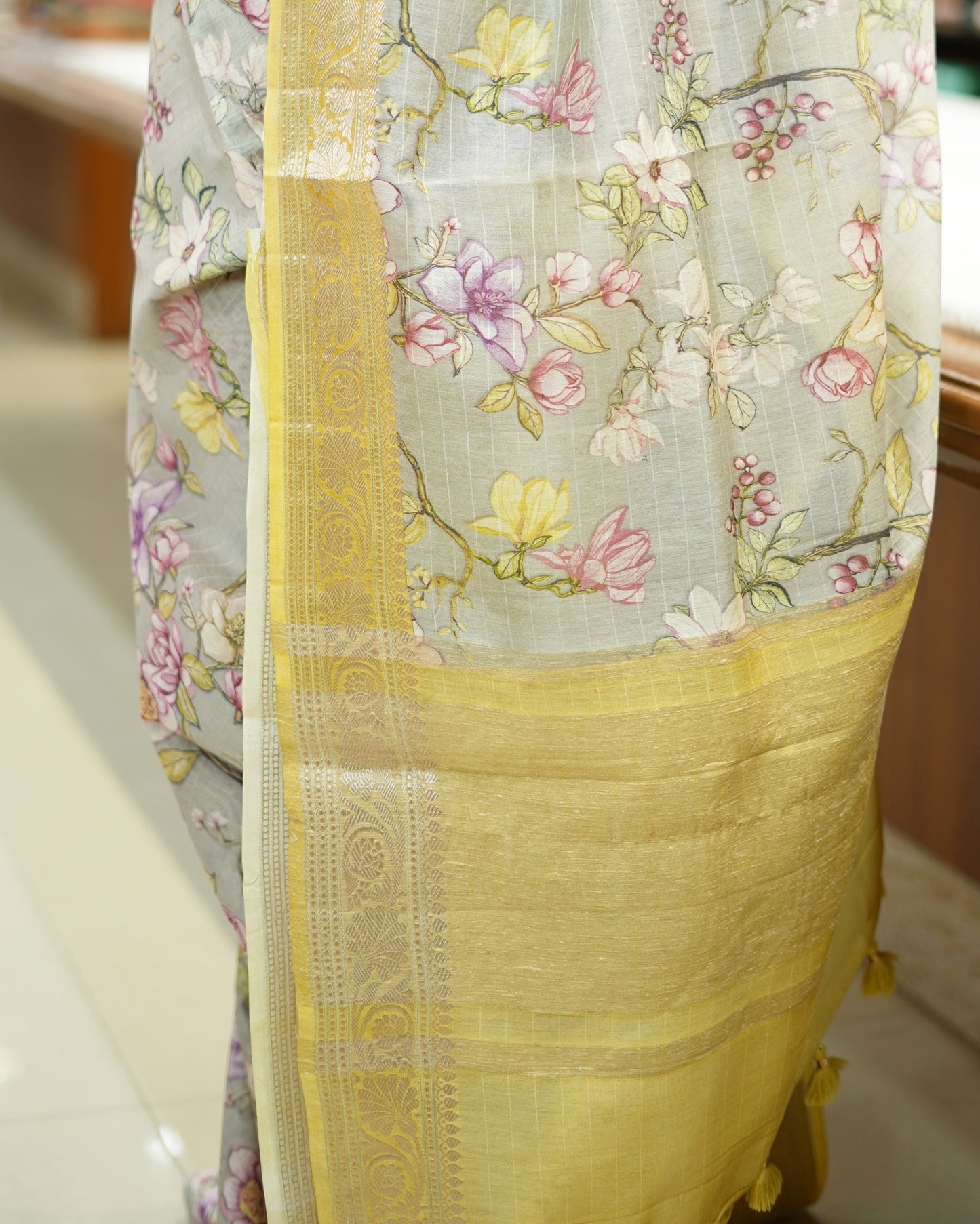 Chrome Grey Floral Silk Cotton - PD867