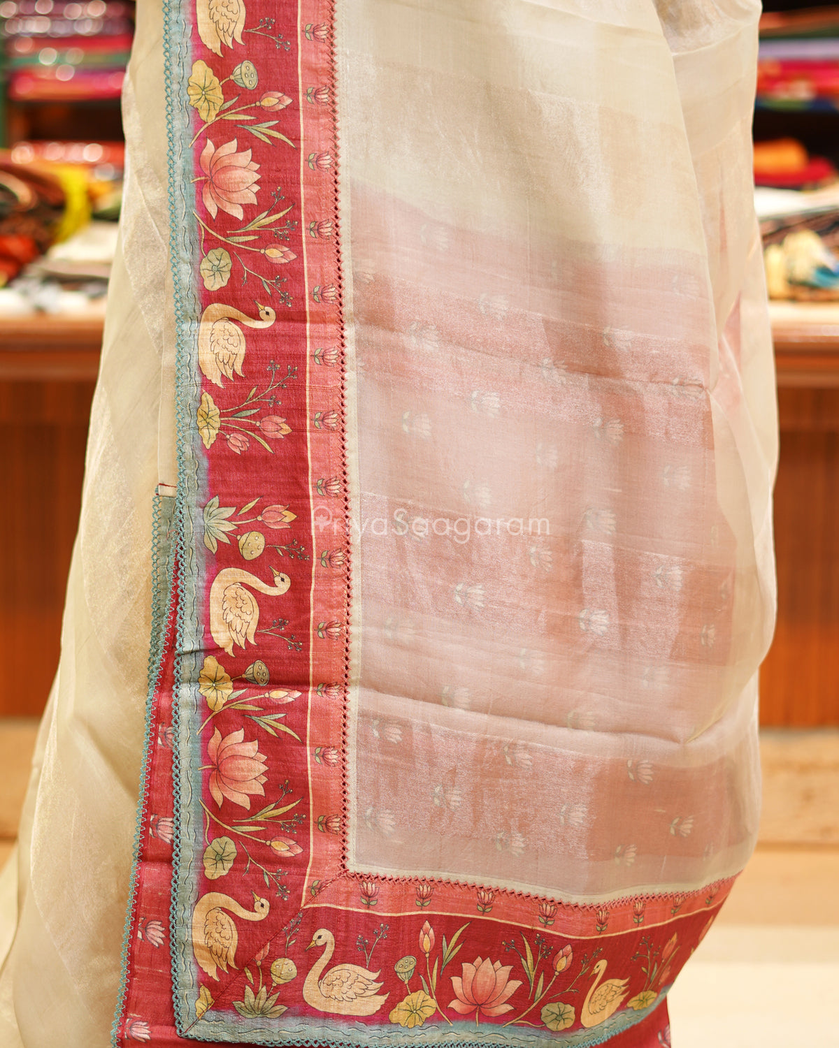Ivory Printed Tussar Border Kora Silk - PE6532