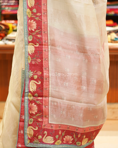 Ivory Printed Tussar Border Kora Silk - PE6532