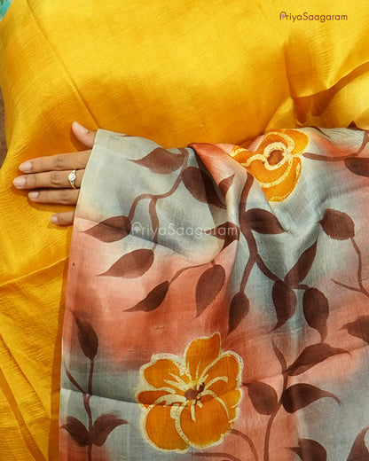 Yellow Floral Handpainted Murshidabad Tussar - PD593