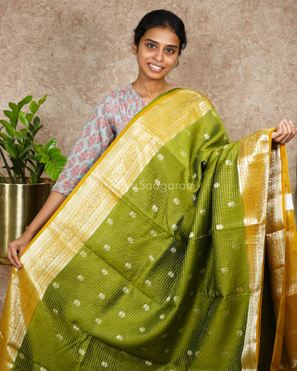 Green Yellow Checked Chiniya Silk - PD4524