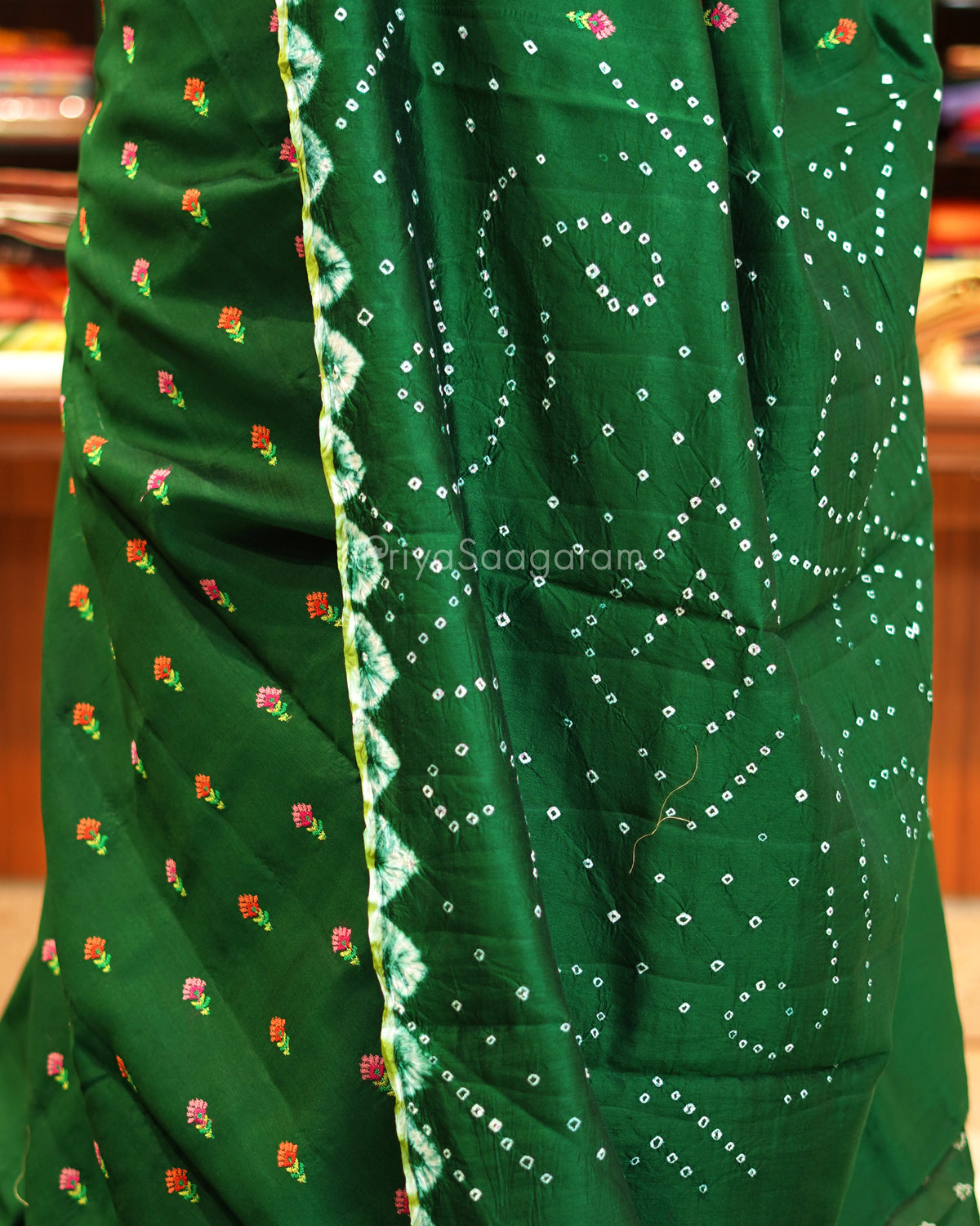Green Embroidery Bandhani Raw Mango Silk - PE6489