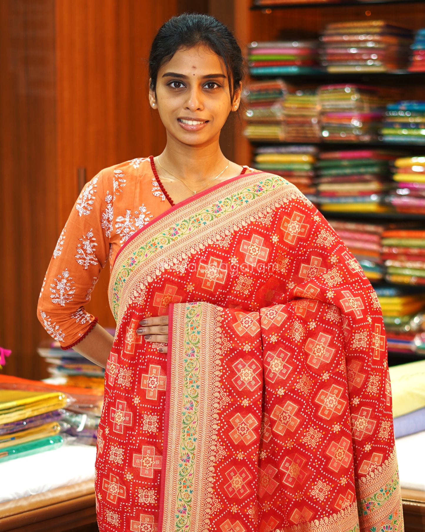 Red Minakari Bandhani Banaras Crepe Silk - PE343