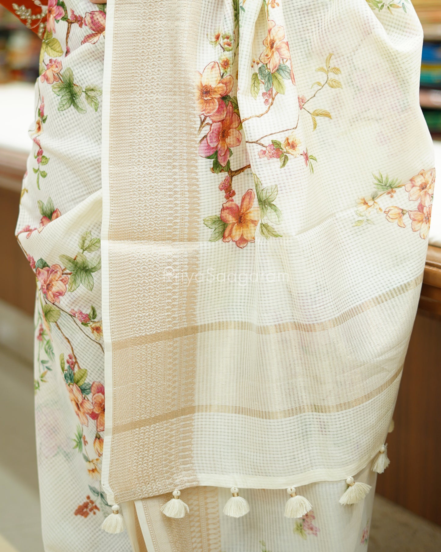 White Floral Supernet Silk Cotton - PD883