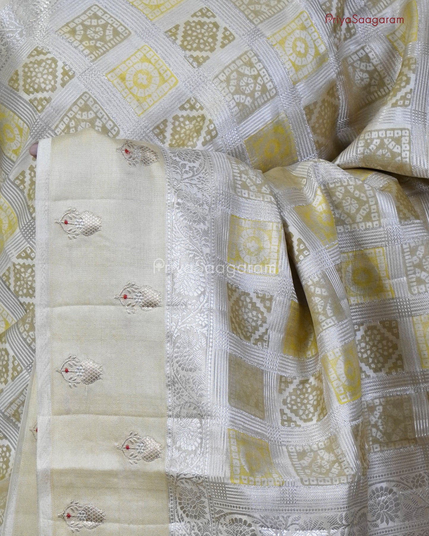 Cream Checked Chiniya Silk - PC3202