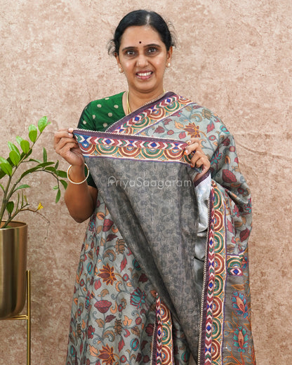 Grey Shade Kalamkari Embroidery Tussar - PD633