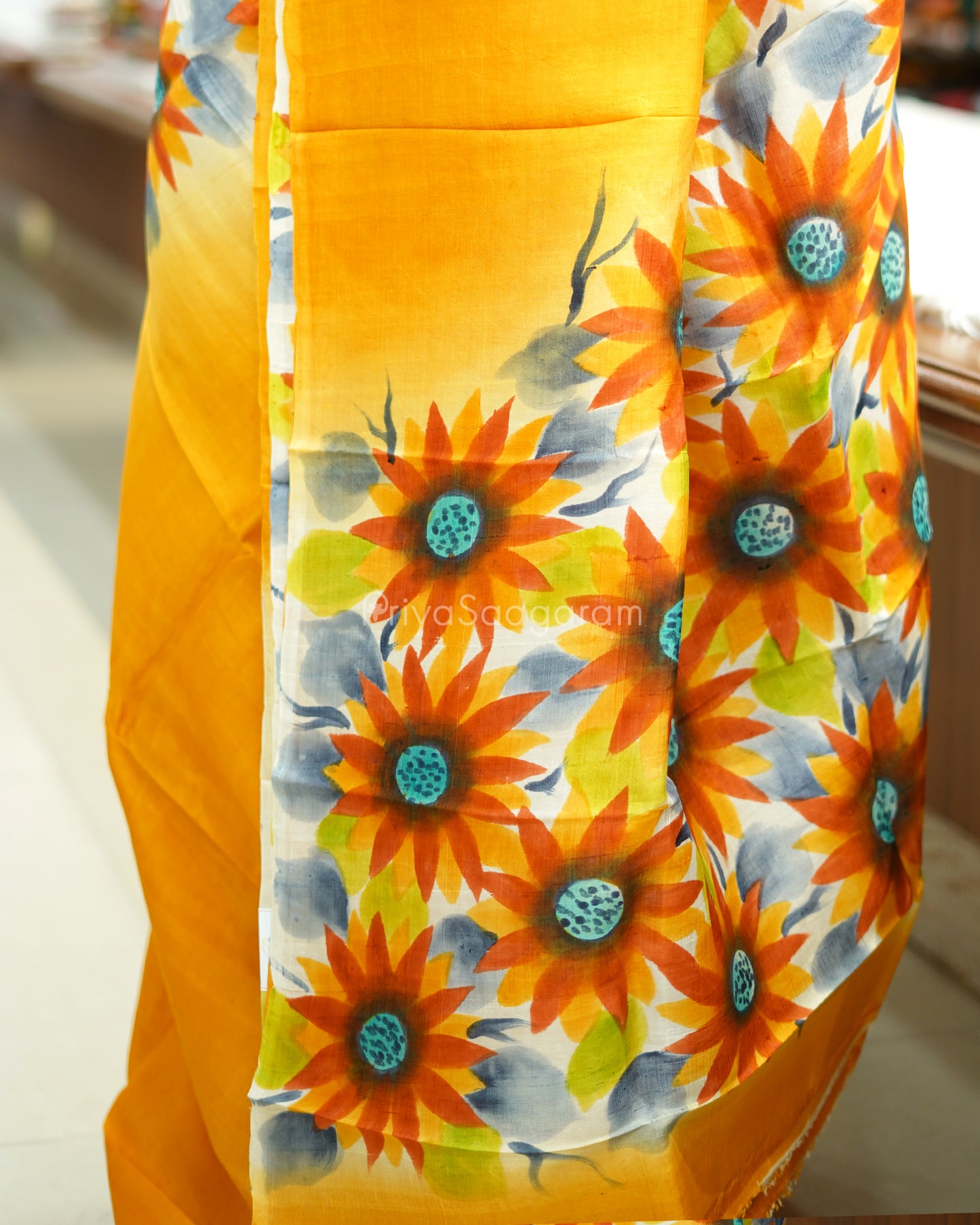 Yellow Handpainted Murshidabad Tussar - PD588