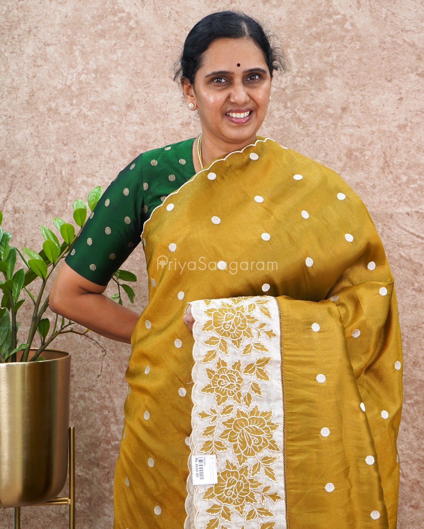 Olive Green Polka Dots Tissue Silk - PD5001