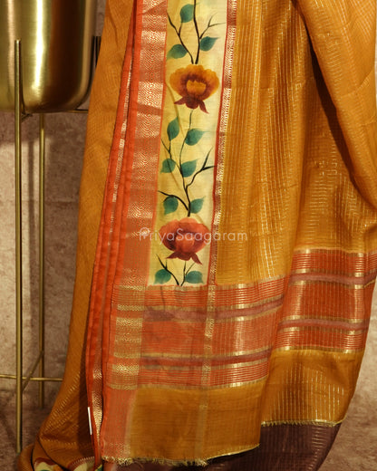 Mustard Checked Handpainted Tussar - PD630